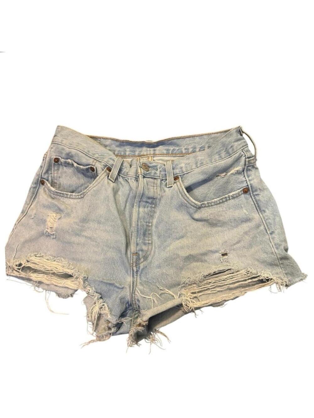 Levis 501 Womens Light Blue Distressed Button Fly Denim Cut Off Shorts SZ 29